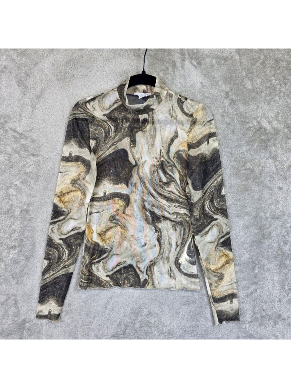 AMISU T-Shirt Womens XS Multicolor Geometric Mock Neck Long Sleeve Mesh Sheer